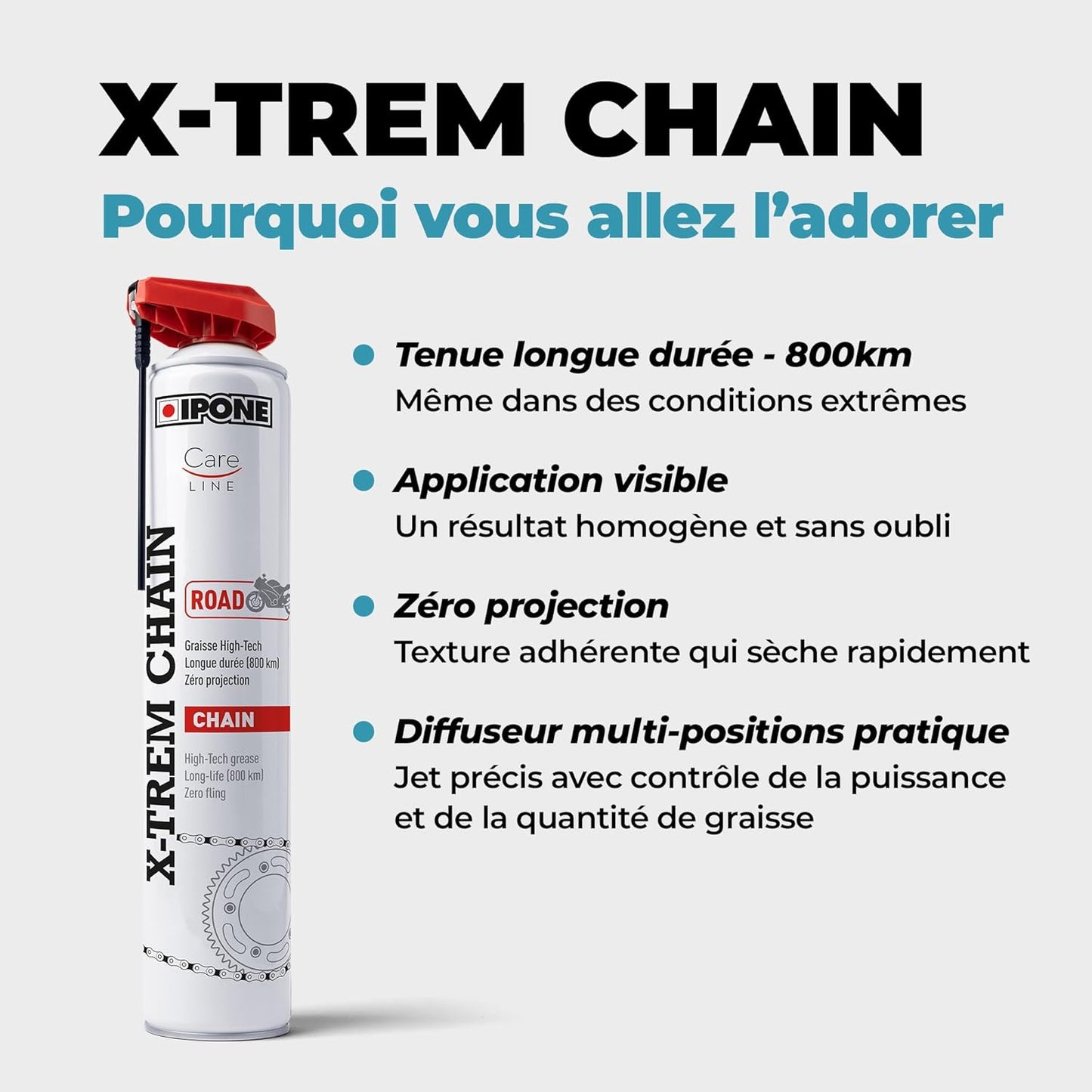 - Graisse De Chaîne Pour Moto De Route X-Trem Chain Road – Diffuseur Multi-Positions - Tenue Longue Durée 800 Km – Pulvérisation Précise Sans Projection - Visible À L'Application - 500 Ml